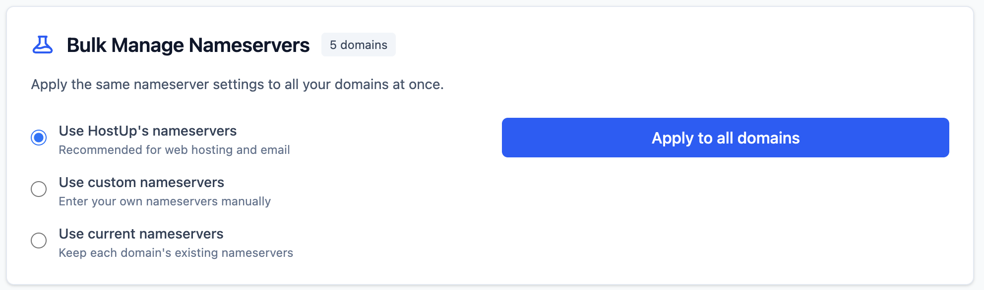 Bulk manage nameservers - Choose nameserver settings for all domains