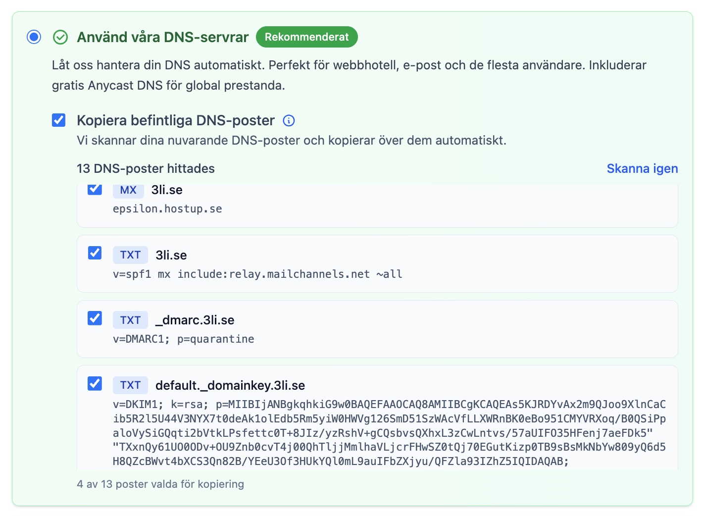 Skärmdump av DNS SmartCopy i kundpanelen som visar automatisk kopiering av DNS-poster