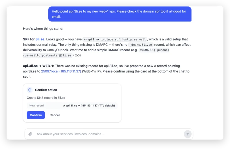 The AI assistant points api.3li.se at a VPS, checks SPF and creates the DNS record after your confirmation