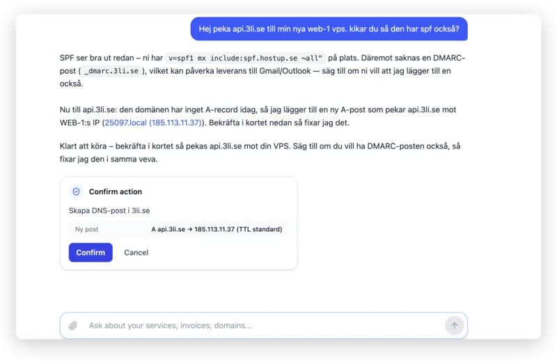 AI-assistenten pekar api.3li.se mot en VPS, kollar SPF och skapar DNS-posten efter din bekräftelse