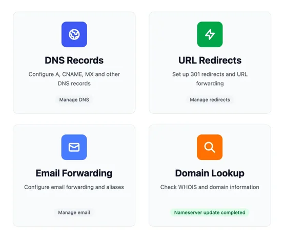 Quick actions in the client area: DNS records, URL redirects, email forwarding and domain lookup