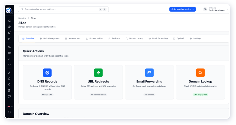 The dashboard view for domain management. Manage redirects, DynDNS, Email forwarding & more.