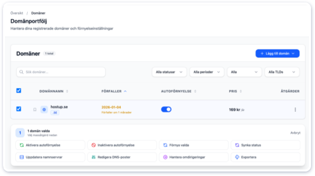 Masshanteringsverktyg. Hantera omdirigeringar, DNS poster, namnserver, förnyelse och mer för alla domäner samtidigt.
