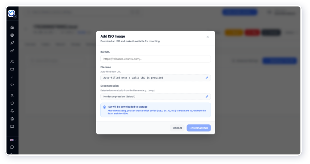 Insert an ISO or upload your own ISO image.