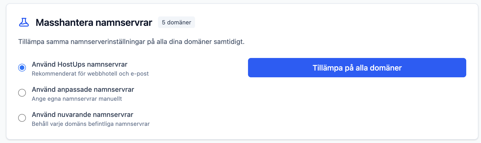 Masshantera namnservrar - Välj namnserverinställningar för alla domäner