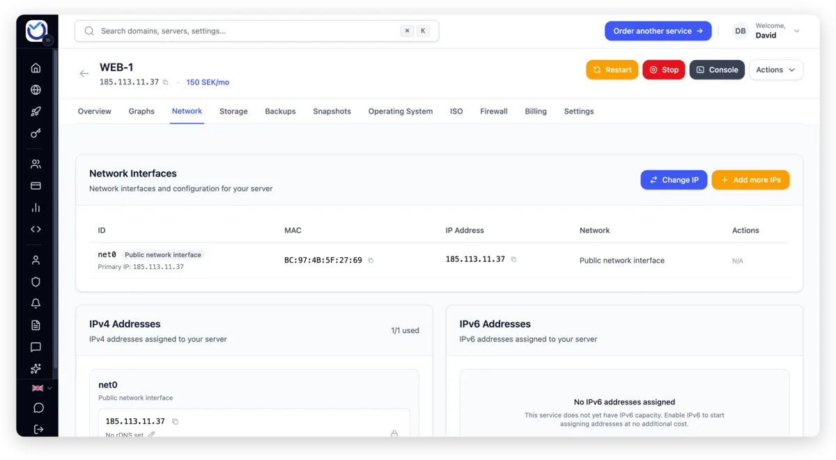 Network overview with public IP addresses, IPv6 and network interfaces for your server.