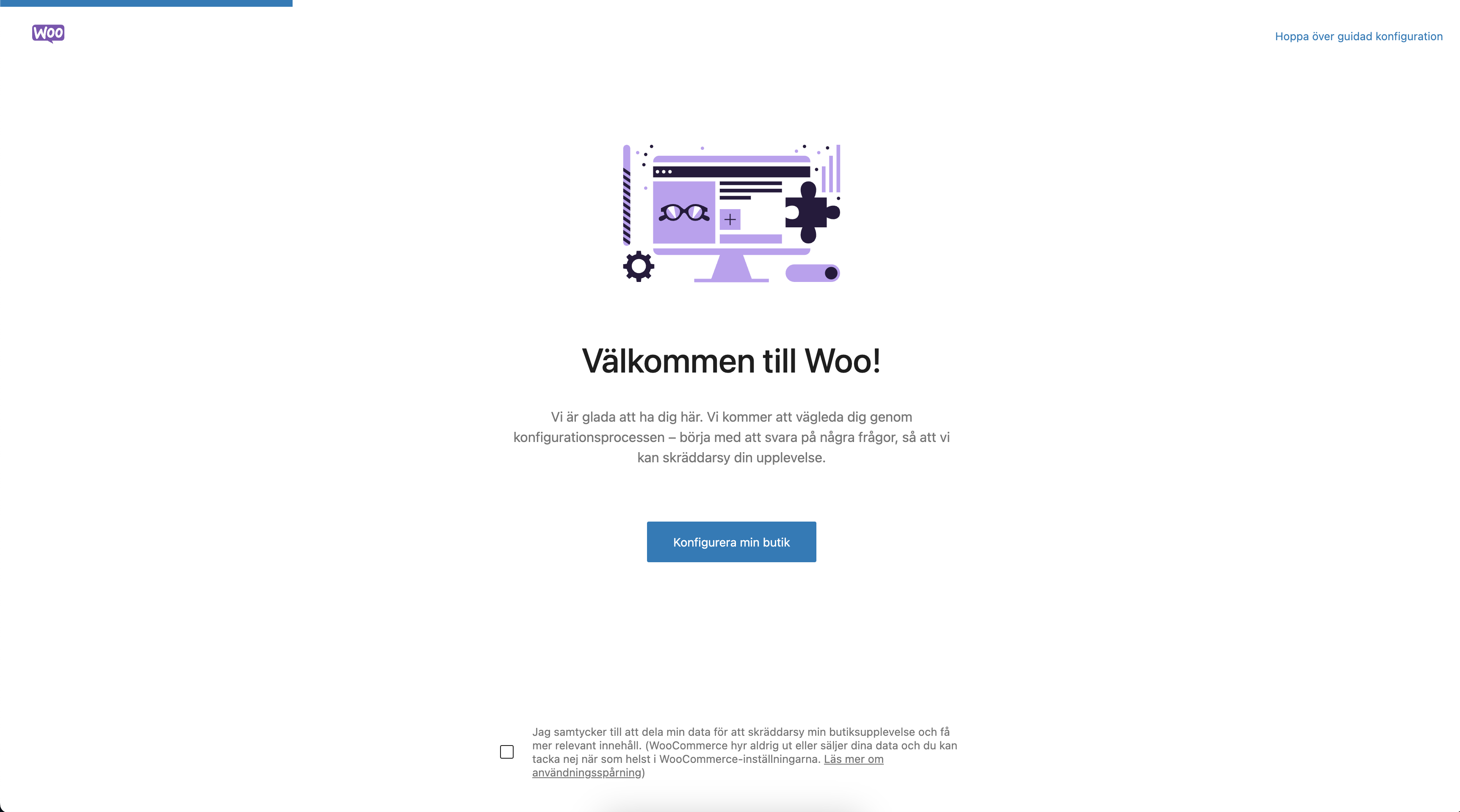 Welcome screen for WooCommerce installation in WordPress, prompting to start store configuration.