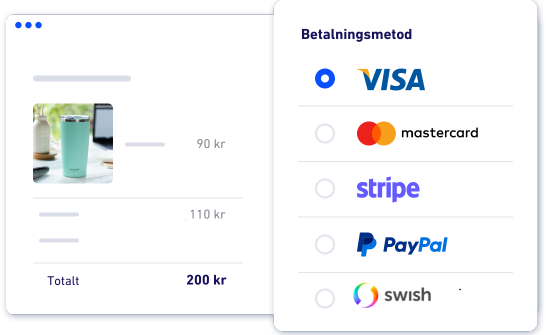 checkout sida för WooCommerce som visar 5 olika betalningsmetoder: Visa, mastercard, stripe, PayPal och Swish.