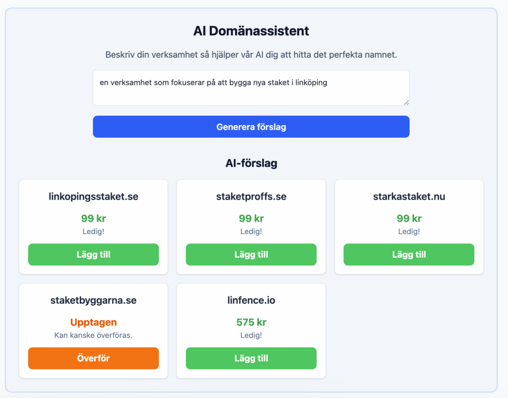 AI-assistent för domännamn med sökfält där användaren kan beskriva sin verksamhet