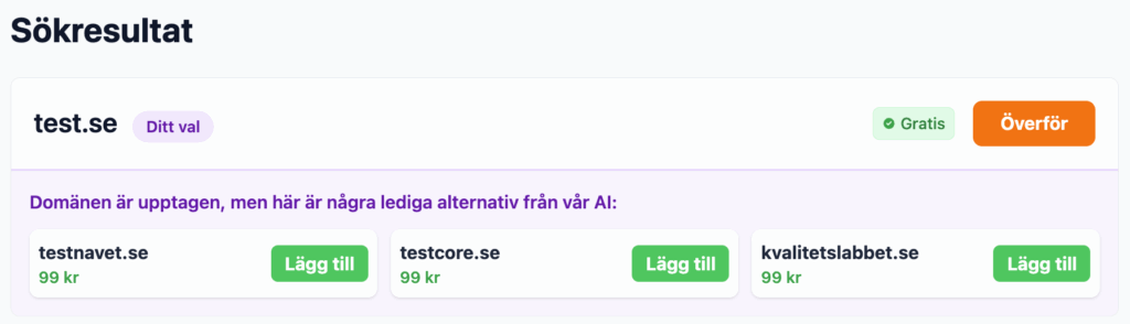 AI-förslag som visar tre alternativa domännamn när det sökta namnet inte är tillgängligt