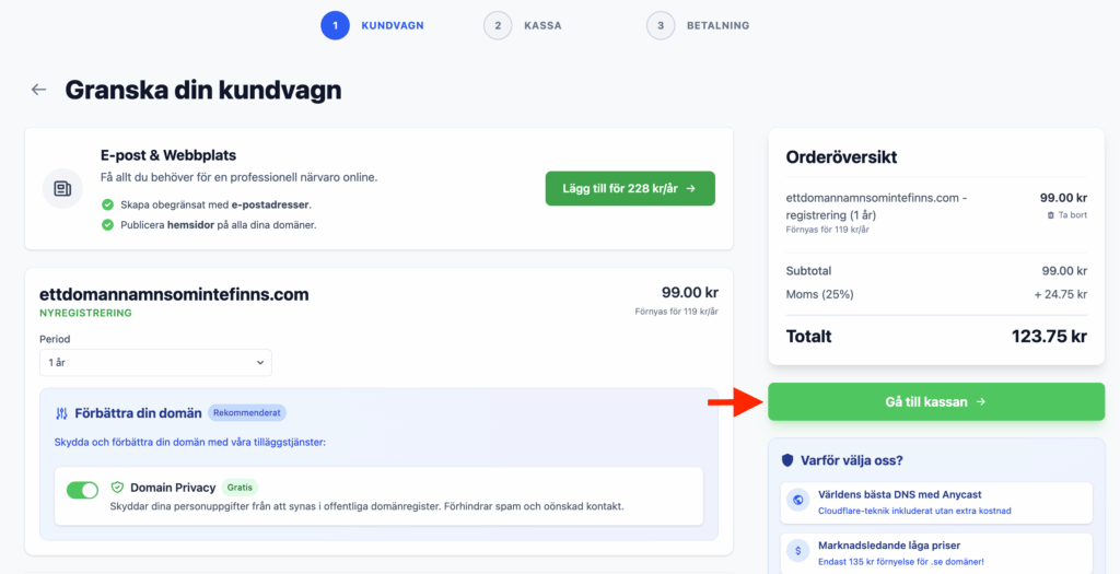 Orderöversikt som visar vald domän, registreringstid och tilläggstjänster som WHOIS-skydd