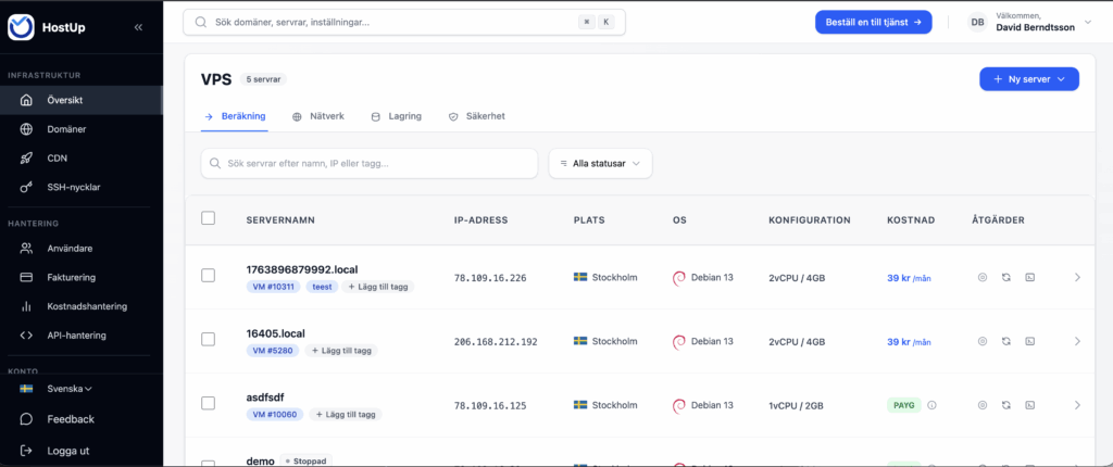 HostUp dashboard med VPS-lista