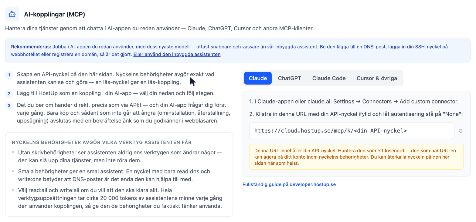 Kortet AI-kopplingar (MCP) i kundzonen med tre steg till vänster och flikar för Claude, ChatGPT, Claude Code och Cursor till höger.