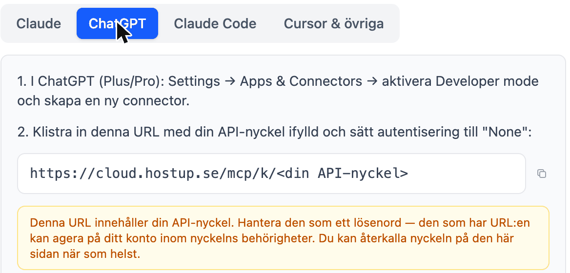 ChatGPT-fliken i kortet AI-kopplingar, med instruktion om att aktivera Developer mode och samma MCP-adress.