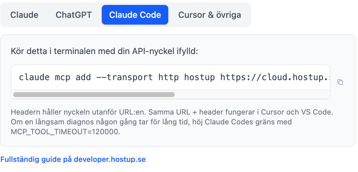 Claude Code-fliken i kortet AI-kopplingar, med kommandot claude mcp add och en not om MCP_TOOL_TIMEOUT.