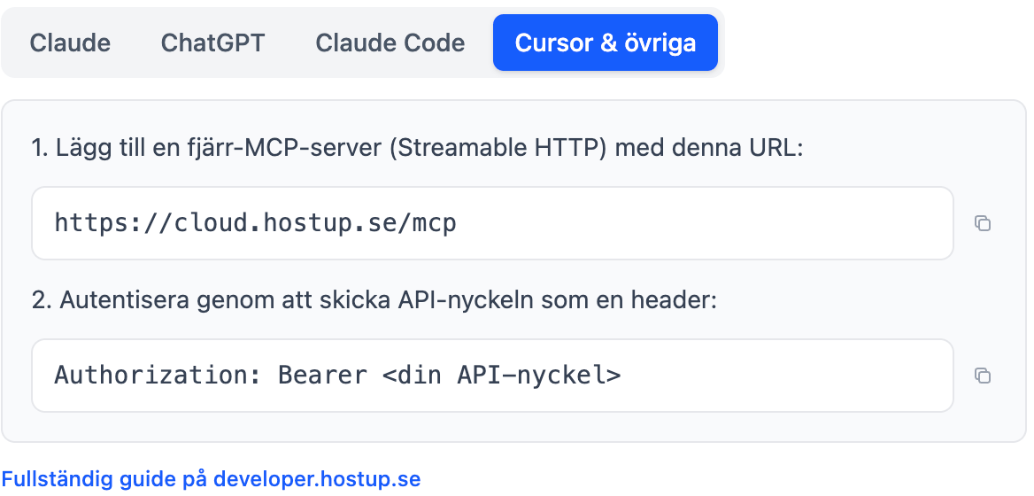 Fliken Cursor och övriga i kortet AI-kopplingar, med MCP-adressen och Authorization-headern.