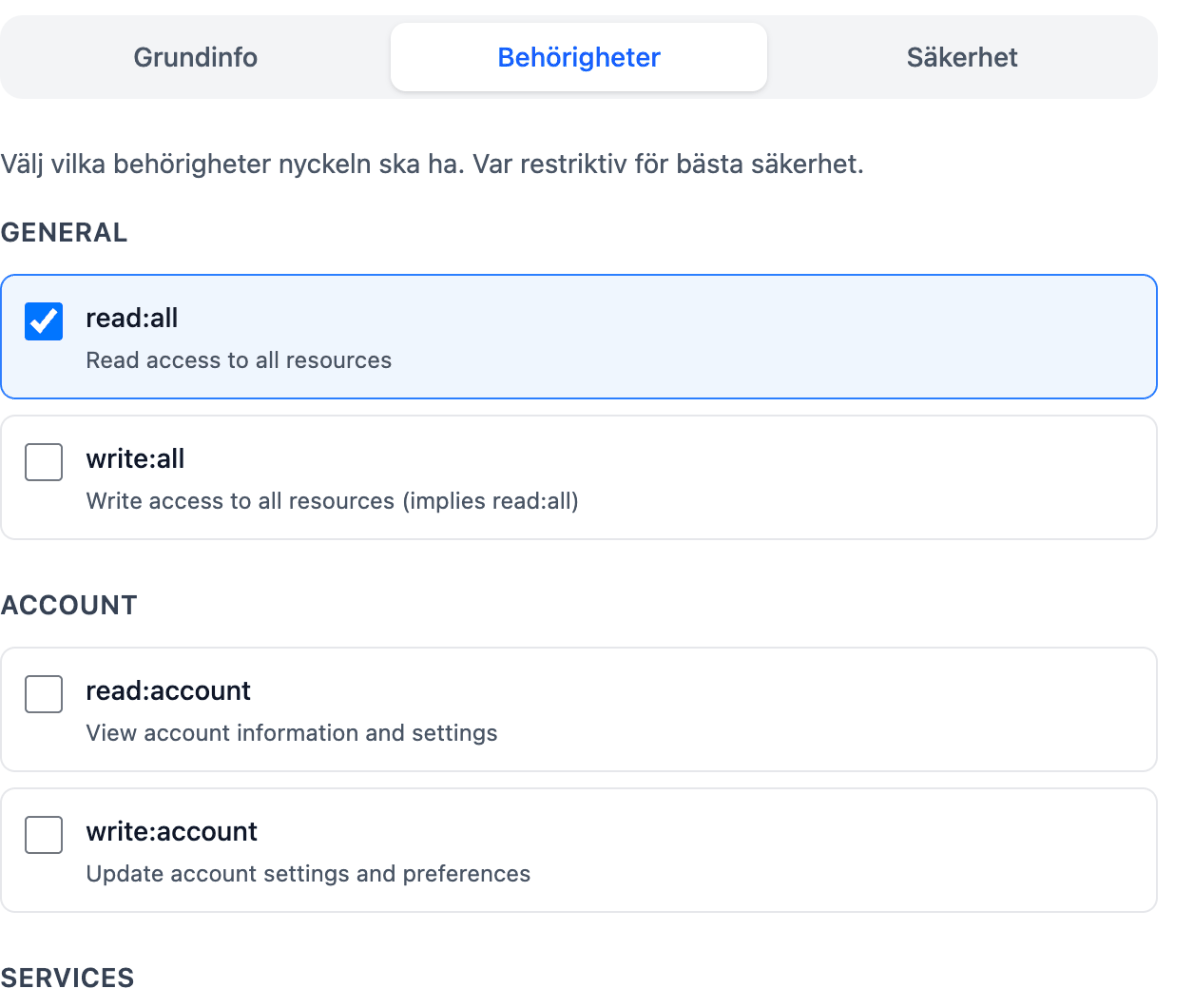 Fliken Behörigheter när en API-nyckel skapas. read:all är ikryssad, write:all är tom, och under dem listas behörigheter per område som read:account och write:account.